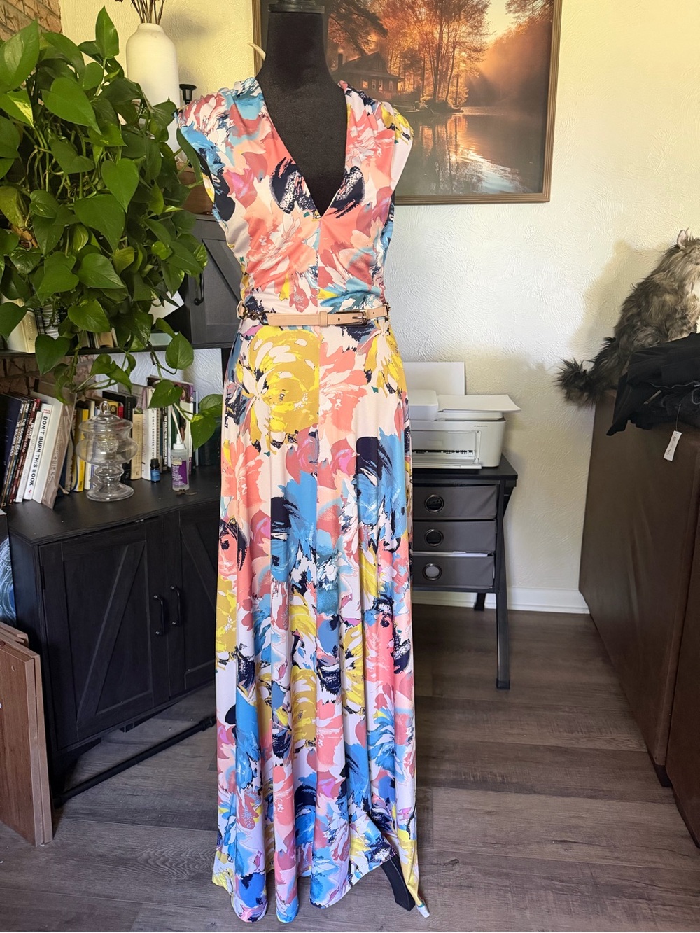 Floral Print V-Neck Maxi Dress in Multi-Color